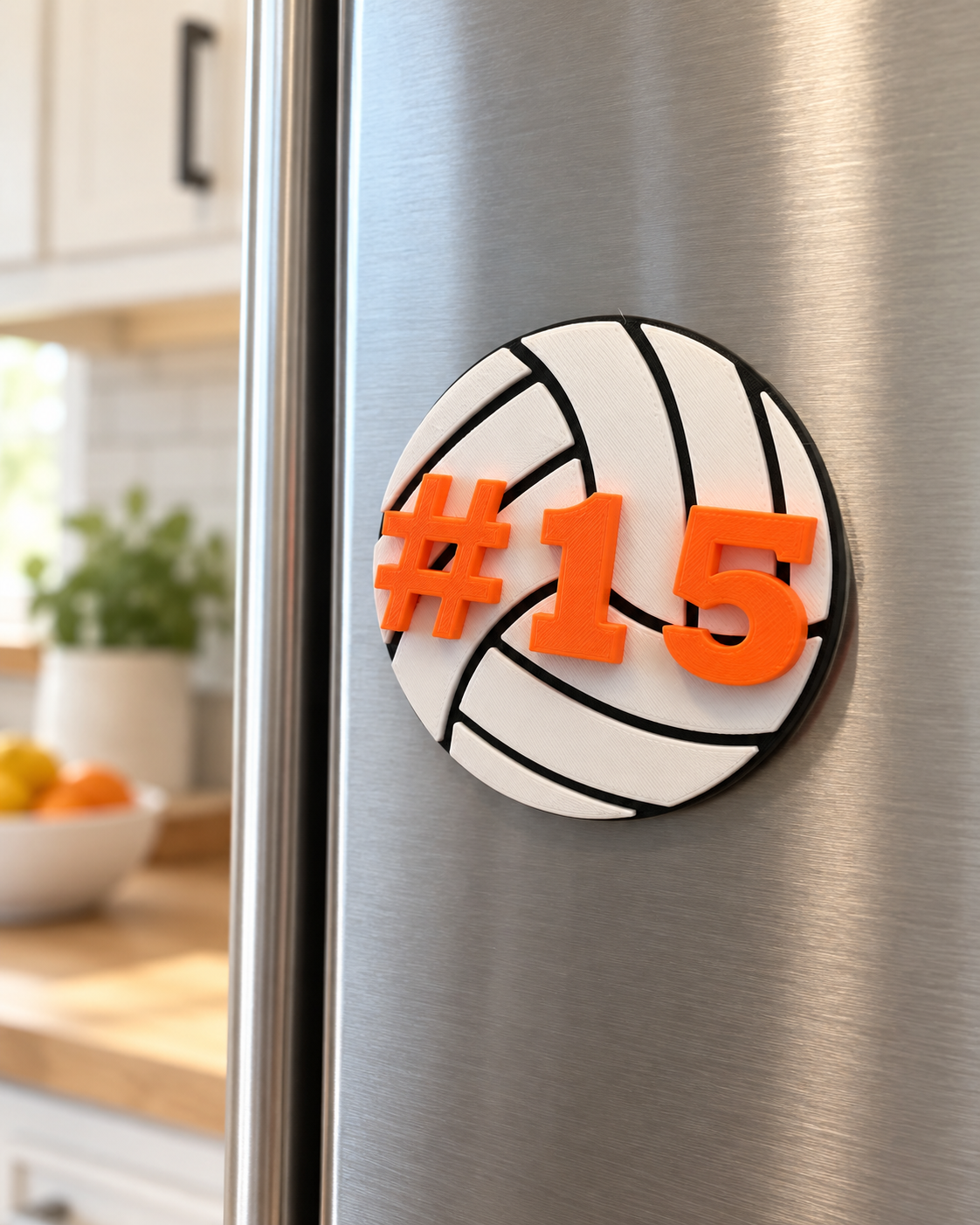 Volleyball magnet displayed on a refrigerator
