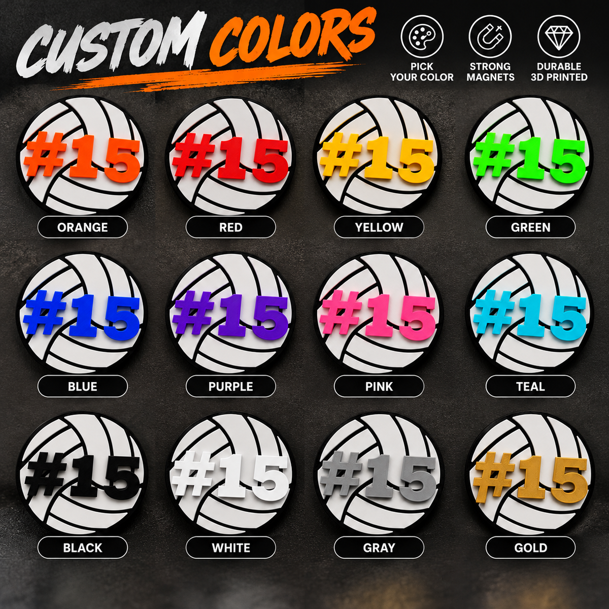 Examples of custom volleyball magnet lettering colors
