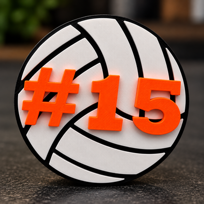 Personalized white volleyball magnet with raised orange number 15